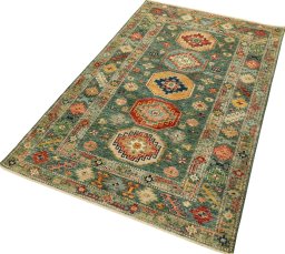 Corner detail of New Kazak rug showing border pattern and Wool pile
