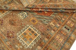 Corner detail of New Kazak rug showing border pattern and Wool pile