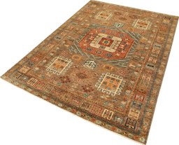 Corner detail of New Kazak rug showing border pattern and Wool pile