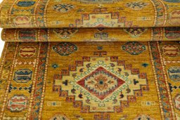 Corner detail of New Kazak rug showing border pattern and Wool pile