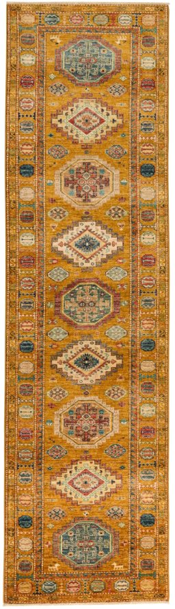 Full view of New Kazak rug from Pakistan, 293 × 80 cm in Yellow tones