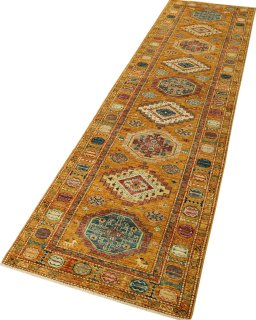 Corner detail of New Kazak rug showing border pattern and Wool pile