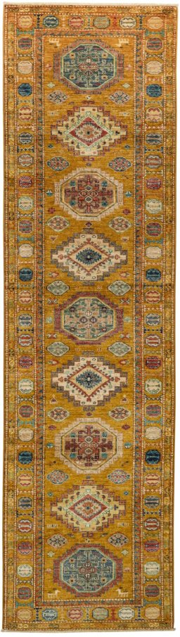 Full view of New Kazak rug from Pakistan, 292 × 80 cm in Yellow tones