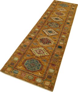 Corner detail of New Kazak rug showing border pattern and Wool pile