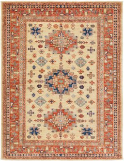 Full view of New Kazak rug from Pakistan, 240 × 168 cm in Cream tones