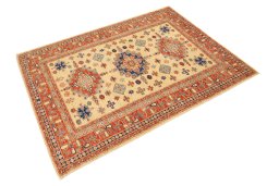 Corner detail of New Kazak rug showing border pattern and Wool pile