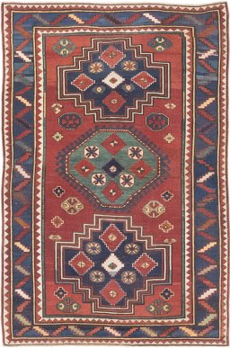 Full view of 1900s Kazak rug from Armenia, 218 × 150 cm in Red tones