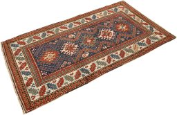 Corner detail of 1880s Kazak rug showing border pattern and Wool pile