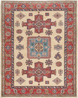 Full view of New Kazak rug from Pakistan, 194 × 155 cm in Cream tones
