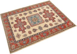 Corner detail of New Kazak rug showing border pattern and Wool pile