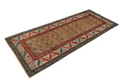 Corner detail of 1900s Kazak rug showing border pattern and Wool pile