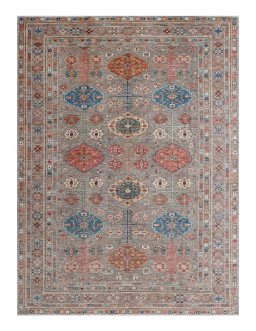 Full view of New Kazak rug from Pakistan, 422 × 310 cm in Multi Color tones