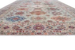 Corner detail of New Kazak rug showing border pattern and Wool pile