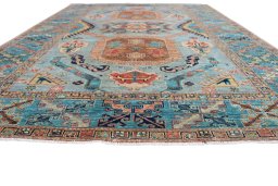 Corner detail of New Kazak rug showing border pattern and Wool pile