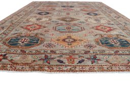 Corner detail of New Kazak rug showing border pattern and Wool pile
