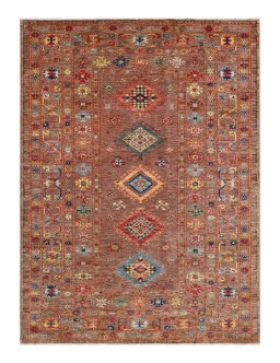 Full view of New Kazak rug from Pakistan, 229 × 170 cm in Multi Color tones