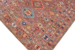 Full view of New Kazak rug from Pakistan, 229 × 170 cm in Multi Color tones