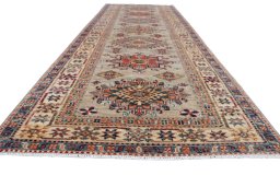 Corner detail of New Kazak rug showing border pattern and Wool pile