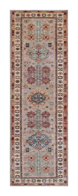 Full view of New Kazak rug from Pakistan, 247 × 80 cm in Multi Color tones