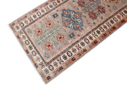 Full view of New Kazak rug from Pakistan, 247 × 80 cm in Multi Color tones