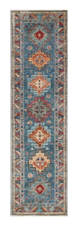 Full view of New Kazak rug from Pakistan, 262 × 75 cm in Multi Color tones