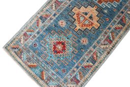 Full view of New Kazak rug from Pakistan, 262 × 75 cm in Multi Color tones
