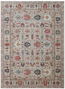 Full view of New Kazak rug from Pakistan, 381 × 279 cm in Beige tones
