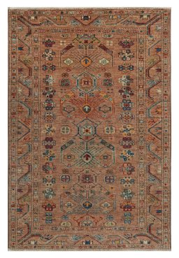 Full view of New Kazak rug from Pakistan, 152 × 101 cm in Beige tones