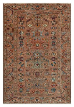 Full view of New Kazak rug from Pakistan, 151 × 100 cm in Beige tones
