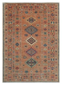 Full view of New Kazak rug from Pakistan, 210 × 149 cm in Yellow tones