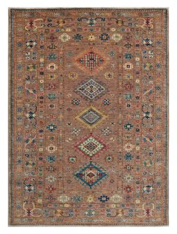 Full view of New Kazak rug from Pakistan, 200 × 149 cm in Beige tones