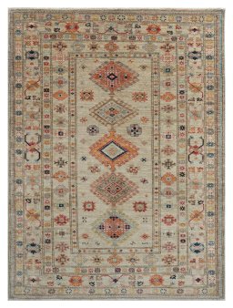 Full view of New Kazak rug from Pakistan, 197 × 143 cm in Beige tones