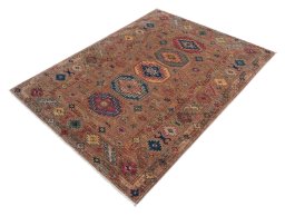 Corner detail of New Kazak rug showing border pattern and Wool pile