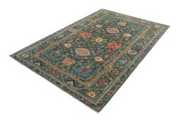 Corner detail of New Kazak rug showing border pattern and Wool pile