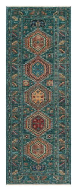 Full view of New Kazak rug from Pakistan, 209 × 74 cm in Green tones