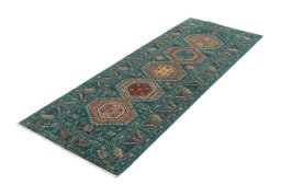 Corner detail of New Kazak rug showing border pattern and Wool pile