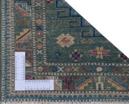 Corner detail of New Kazak rug showing border pattern and Wool pile