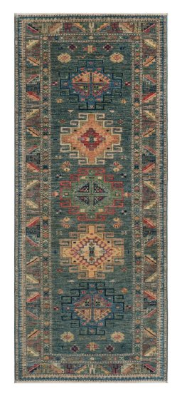 Full view of New Kazak rug from Pakistan, 206 × 83 cm in Green tones