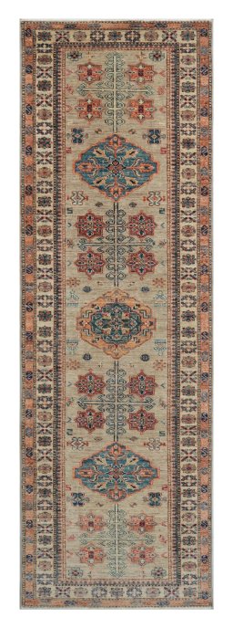 Full view of New Kazak rug from Pakistan, 254 × 79 cm in Gray tones