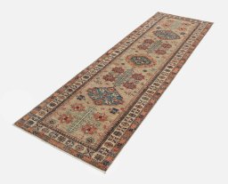 Corner detail of New Kazak rug showing border pattern and Wool pile