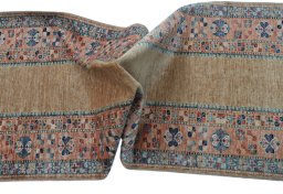 Full view of New Kazak rug from Pakistan, 296 × 81 cm in Beige tones
