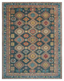 Full view of New Kazak rug from Pakistan, 314 × 248 cm in Green tones