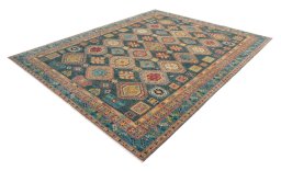 Corner detail of New Kazak rug showing border pattern and Wool pile