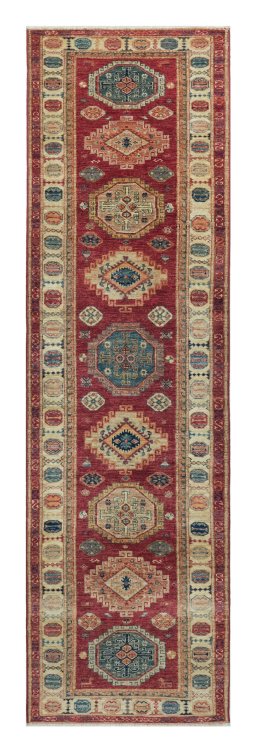 Full view of New Kazak rug from Pakistan, 284 × 78 cm in Red tones