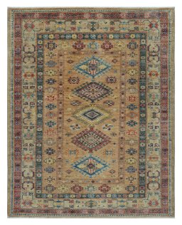 Full view of New Kazak rug from Pakistan, 185 × 145 cm in Yellow tones