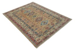 Corner detail of New Kazak rug showing border pattern and Wool pile