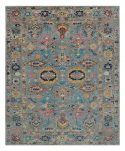 Full view of New Kazak rug from Pakistan, 309 × 250 cm in Gray tones