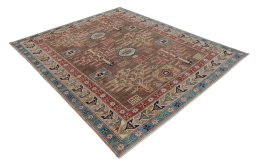 Corner detail of New Kazak rug showing border pattern and Wool pile