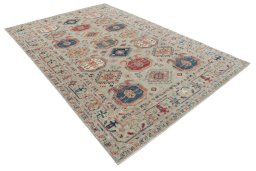 Corner detail of New Kazak rug showing border pattern and Wool pile