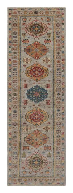 Full view of New Kazak rug from Pakistan, 250 × 80 cm in Beige tones